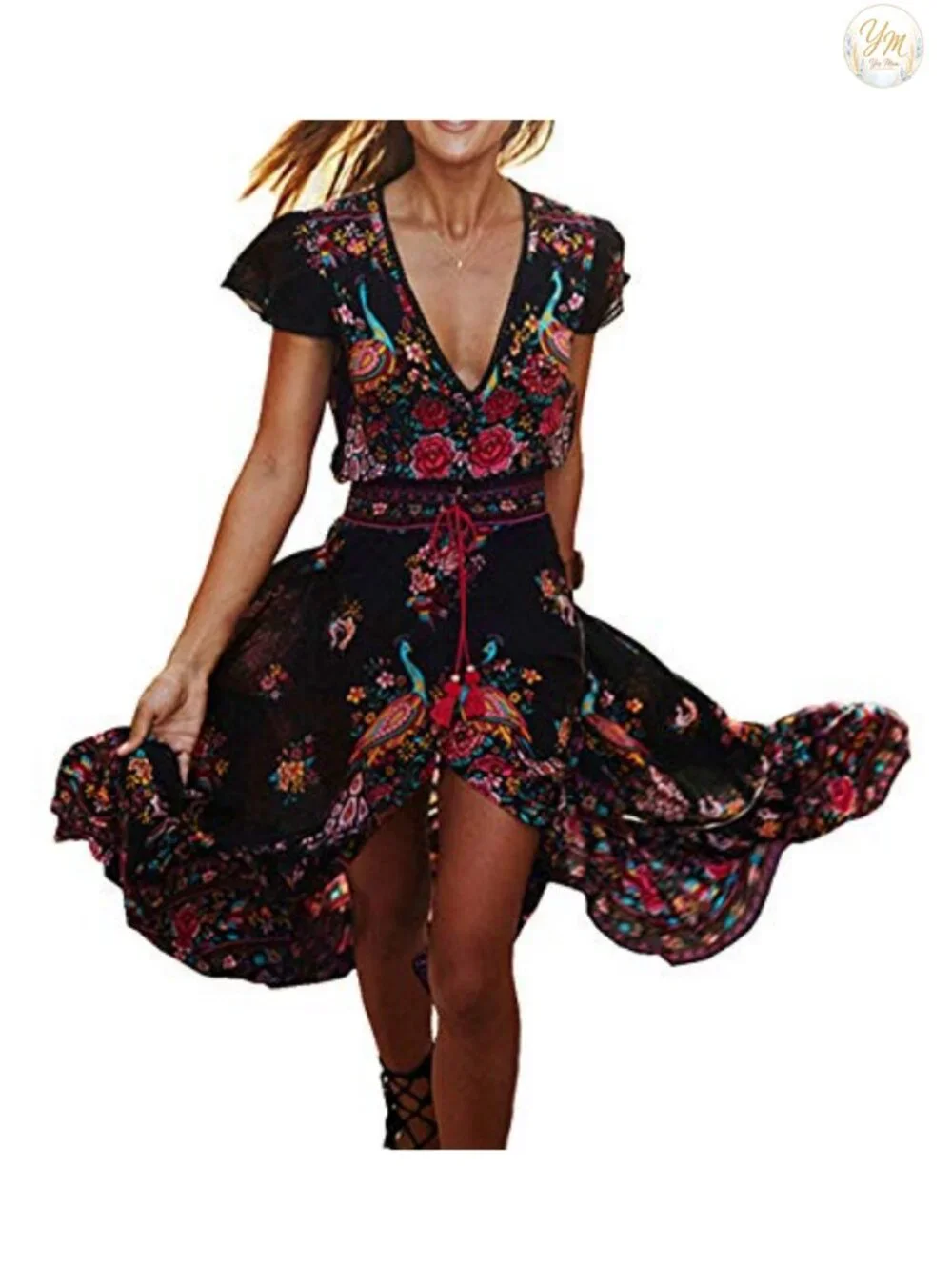 Women's Vintage Floral Print High Low Midi Dress With Deep V Neck Short Sleeve